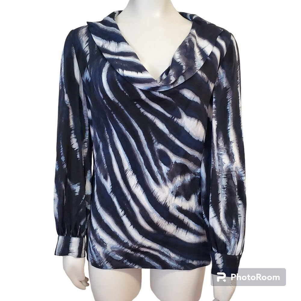 St. John Silk Blouse Size 4 tie Dye Cowl Neck Black Blue White Zebra‎ Animal